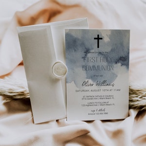 Blue First Holy Communion Invitation Template, Blue Watercolor First Communion Photo Invitation, Boy First Communion Invite | GREY