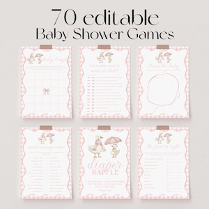 Puede incluir: Siete tarjetas de juegos para baby shower con borde rosa a cuadros y ilustraciones de patos. Las tarjetas se sujetan con cinta adhesiva marrón. El texto "70 juegos de baby shower editables" está en la parte superior.