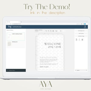 May include: A laptop computer screen displaying a website with a wedding invitation design template. The template is a welcome sign with the text "WELCOME family + friends" and a message below. The website has a menu on the left side with options for "Demo Editor", "Wedding Timeline", and "Wedding Icons". The website also has a toolbar on the right side with options for "Edit Background", "Add Text Box", "Add New Image", "Undo", "Redo", and "Layers". The website is titled "AYA Paper Boutique".