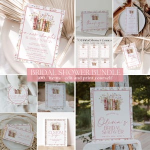 May include: A selection of bridal shower stationery featuring a floral and book design. The set includes invitations, thank you cards, game cards, and signs. The main sign says "Welcome to Olivia's Bridal Shower". The bundle contains 100 items.