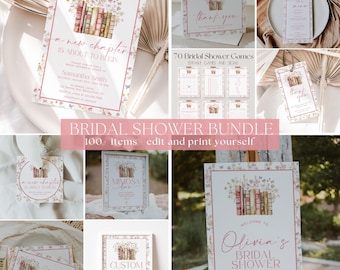 May include: A collection of bridal shower stationery items with a floral and book theme. Includes invitations, thank you cards, game cards, and signs. The main sign reads "Welcome to Olivia's Bridal Shower". The bundle includes 100 items.