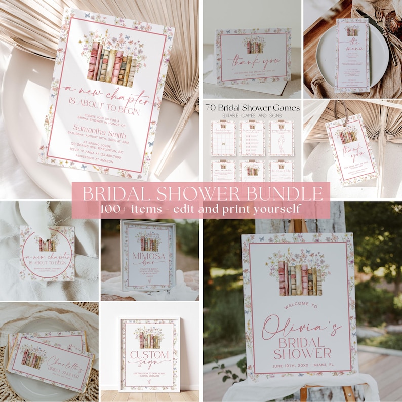 May include: A selection of bridal shower stationery featuring a floral and book design. The set includes invitations, thank you cards, game cards, and signs. The main sign says "Welcome to Olivia's Bridal Shower". The bundle contains 100 items.