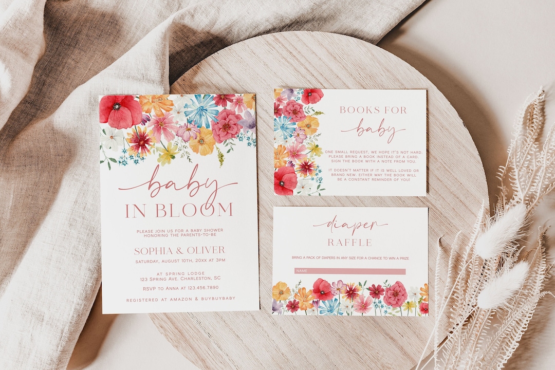 Baby in Bloom Baby Shower Invitation Set Template, Spring Flowers Baby