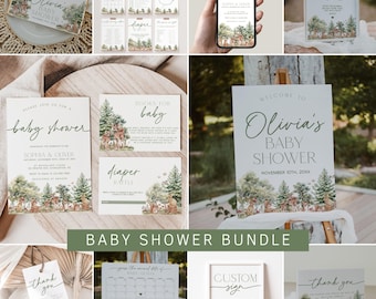 May include: A baby shower bundle with a woodland theme. The bundle includes invitations, games, signs, and thank you tags. The designs feature a watercolor illustration of a forest with deer, trees, and leaves in shades of green, brown, and beige.
