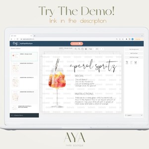 May include: A digital mockup of a computer screen showing a printable recipe card for Aperol Spritz. The card features a watercolor illustration of a glass of Aperol Spritz and the recipe and instructions for making the cocktail. The text on the card reads "Aperol Spritz", "Recipe", "Instructions", and "AYA Party Boutique".