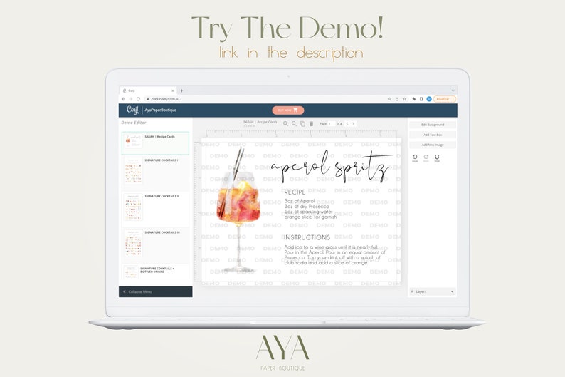 May include: A digital mockup of a computer screen showing a printable recipe card for Aperol Spritz. The card features a watercolor illustration of a glass of Aperol Spritz and the recipe and instructions for making the cocktail. The text on the card reads "Aperol Spritz", "Recipe", "Instructions", and "AYA Party Boutique".