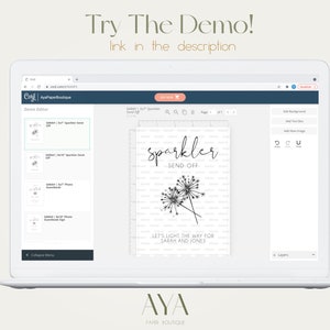 May include: A computer screen showing a website with a demo editor for creating printable cards. The demo card is a 5x7 inch sparkler send off card with a black and white illustration of sparklers and the text "sparkler send off" and "Let's light the way for Sarah and Jones".