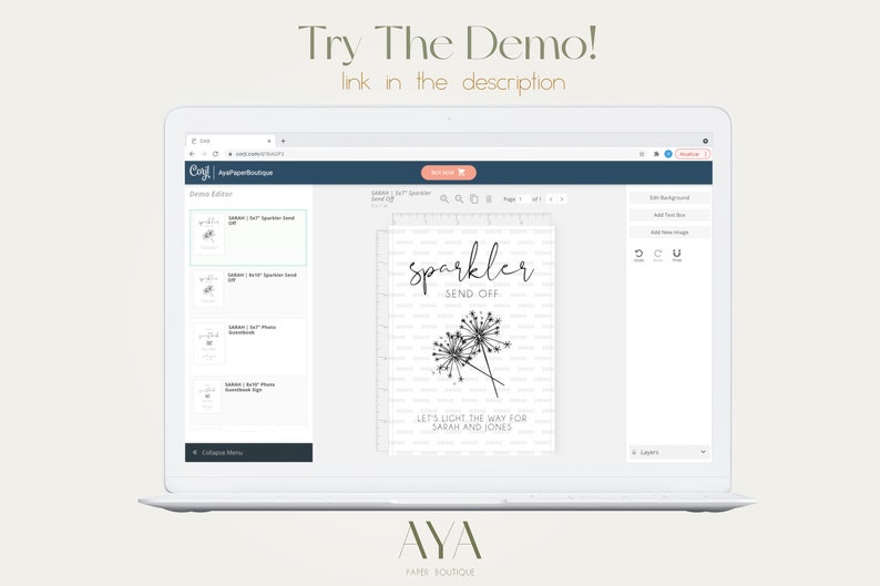 May include: A computer screen showing a website with a demo editor for creating printable cards. The demo card is a 5x7 inch sparkler send off card with a black and white illustration of sparklers and the text "sparkler send off" and "Let's light the way for Sarah and Jones".