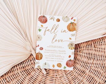 Fall in Love Bridal Shower Invitation Template, Fall Pumpkin Bridal Shower Invite, Fall Floral Bridal Shower Invitation | CORA