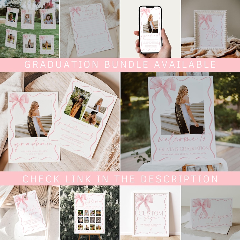 May include: A set of printable graduation party decorations featuring pink bows, a graduate in a cap and gown, and the text "graduate" and "welcome to Olimas Graduation".