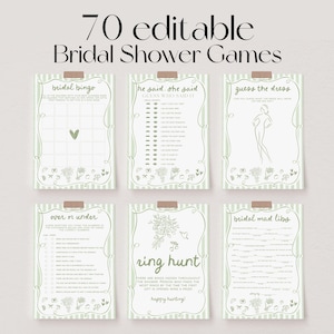 May include: A collection of six printable bridal shower games, including "Bridal Bingo" and "Ring Hunt." Each game card features a green and white striped border with floral accents and is held in place with a piece of tape. The text "70 editable Bridal Shower Games" is at the top.