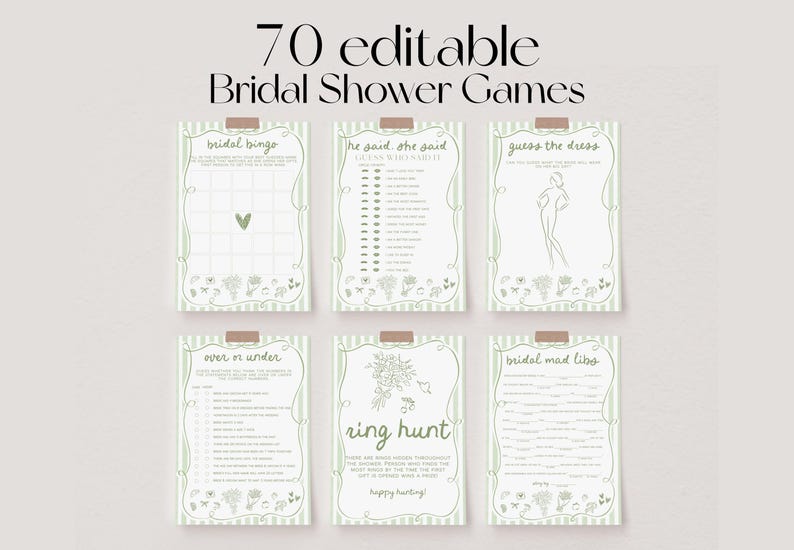 May include: A collection of six printable bridal shower games, including "Bridal Bingo" and "Ring Hunt." Each game card features a green and white striped border with floral accents and is held in place with a piece of tape. The text "70 editable Bridal Shower Games" is at the top.