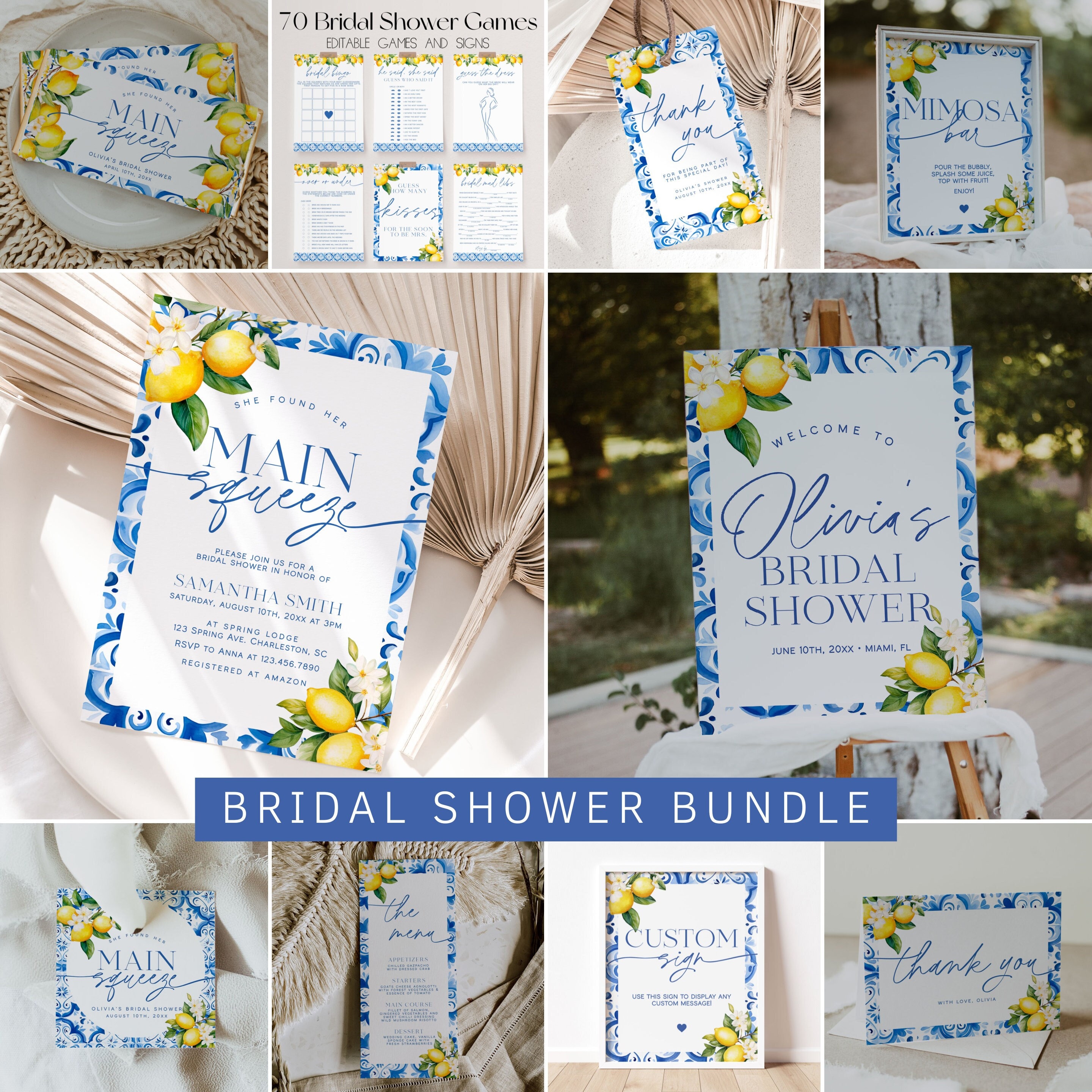 Mediterranean Lemon Bridal Shower Invitation Bundle, Main Squeeze Bridal Shower Invitation and Games Bundle, Italian Blue Tiles Shower | GIA