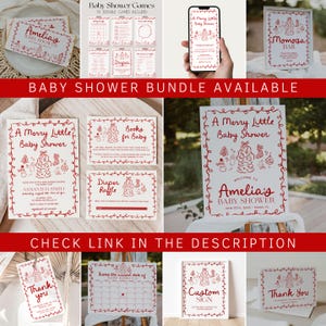 May include: A selection of baby shower stationery and games in red and white. The set includes invitations, game cards, a sign, and thank you cards. The text includes "A Merry Little Baby Shower" and "Amelia's Baby Shower".
