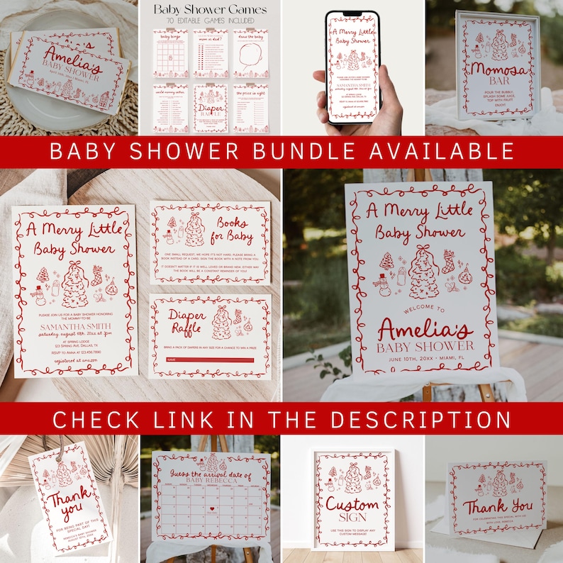 May include: A selection of baby shower stationery and games in red and white. The set includes invitations, game cards, a sign, and thank you cards. The text includes "A Merry Little Baby Shower" and "Amelia's Baby Shower".