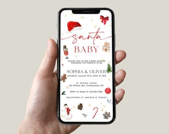 May include: A digital invitation for a baby shower with a Christmas theme. The invitation features a red Santa hat, a gingerbread man, a nutcracker, a snowman, a pine cone, a candy cane, and a red and gold ornament. The text on the invitation reads "santa baby" and includes the names Sophia & Oliver, the date and time of the shower, the location, and RSVP information.