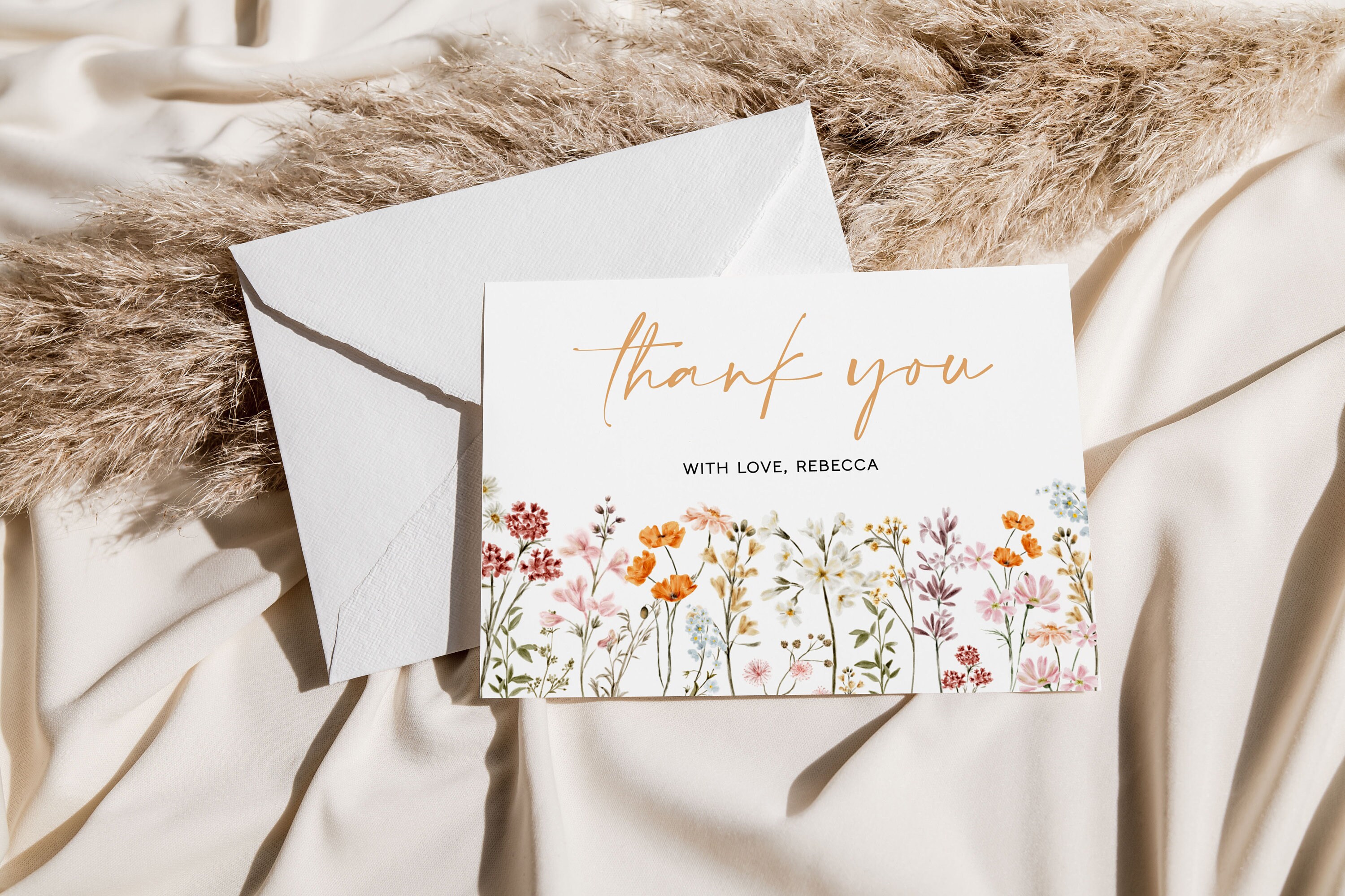 Wildflower Thank You Card Template, Boho Floral Thank You Card ...