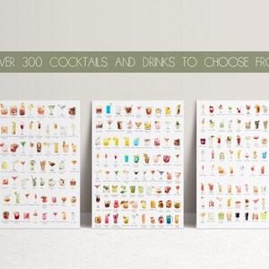 May include: Three printable posters featuring over 300 colorful illustrations of cocktails and drinks. Each poster has a white background and is filled with small, detailed images of various beverages.