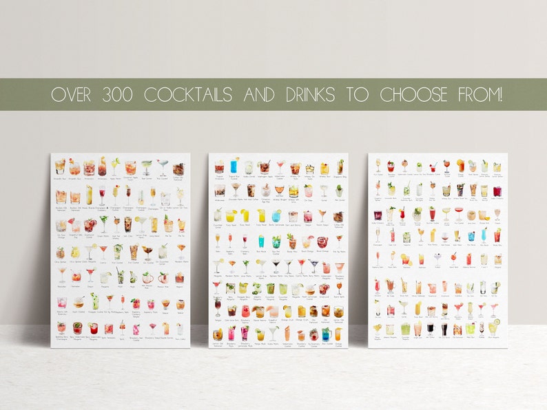 May include: Three printable posters featuring over 300 colorful illustrations of cocktails and drinks. Each poster has a white background and is filled with small, detailed images of various beverages.