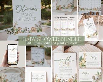 Safari Animals Baby Shower Bundle Template, Little Wild One Baby Shower Invitation Bundle, Jungle Baby Shower Decorations | WILD