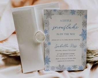 Winter Baby Shower Invitation Template, Snowflake Baby Shower Invite, A Little Snowflake is on the Way Baby Shower, Boy Baby Shower | SNOW