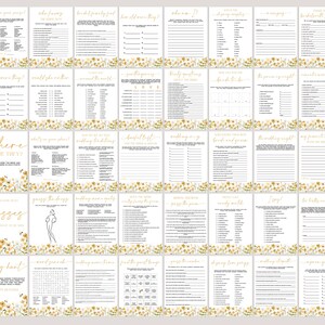 May include: A collection of printable bridal shower games with a floral design. Each game card features gold text on a white background, with a decorative floral border. Games include "Who Knows the Bride Best?" and "Bridal Bingo."