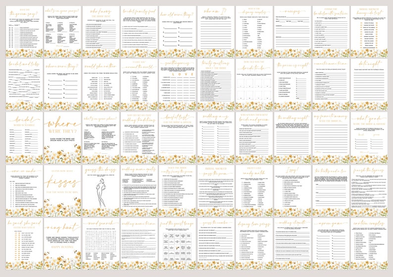 May include: A collection of printable bridal shower games with a floral design. Each game card features gold text on a white background, with a decorative floral border. Games include "Who Knows the Bride Best?" and "Bridal Bingo."