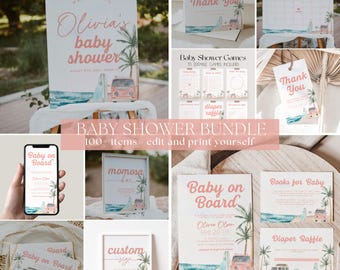 Baby on Board Baby Shower Bundle Template, Pink Surf Beach Baby Shower Invitation Bundle, Summer Baby Shower Decorations, Surf Shower | SURF