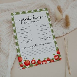 May include: A printable baby shower game card with a green and white gingham pattern. The card has a title that says "Predictions and Advice" and includes spaces for guests to write down their predictions for the baby's birth date, weight, hair color, eye color, and length. The card also includes spaces for guests to write down advice for the new parents. The card is decorated with red apples.