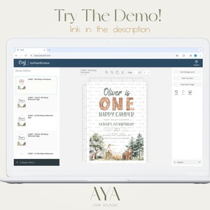 May include: A laptop screen showing a website with a design template for a first birthday invitation. The invitation features a woodland theme with a bear, a tent, and trees. The text on the invitation reads "Oliver is One Happy Camper".
