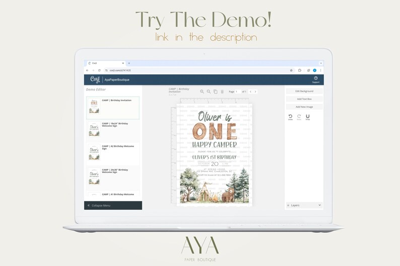 May include: A laptop screen showing a website with a design template for a first birthday invitation. The invitation features a woodland theme with a bear, a tent, and trees. The text on the invitation reads "Oliver is One Happy Camper".