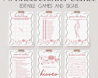 May include: A set of printable bridal shower games with a red and white color scheme. The games include bridal bingo, he said she said, guess the dress, over or under, guess how many kisses, and bridal mad libs.