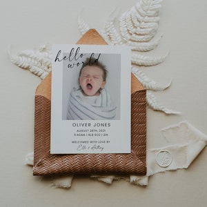 Modèle d'annonce de naissance, modèle de carte d'annonce de bébé photo, annonce de nouveau-né, Hello World, carte photo imprimable moderne | ELLE