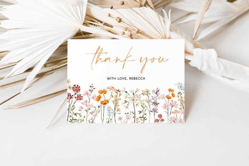 Wildflower Thank You Card Template, Boho Floral Thank You Card ...