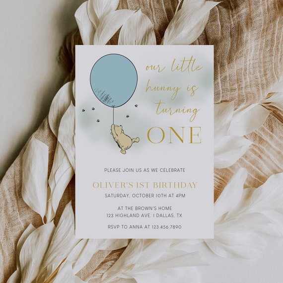 Winnie the Pooh 1st Birthday Invitation Template Blue Winnie Etsy