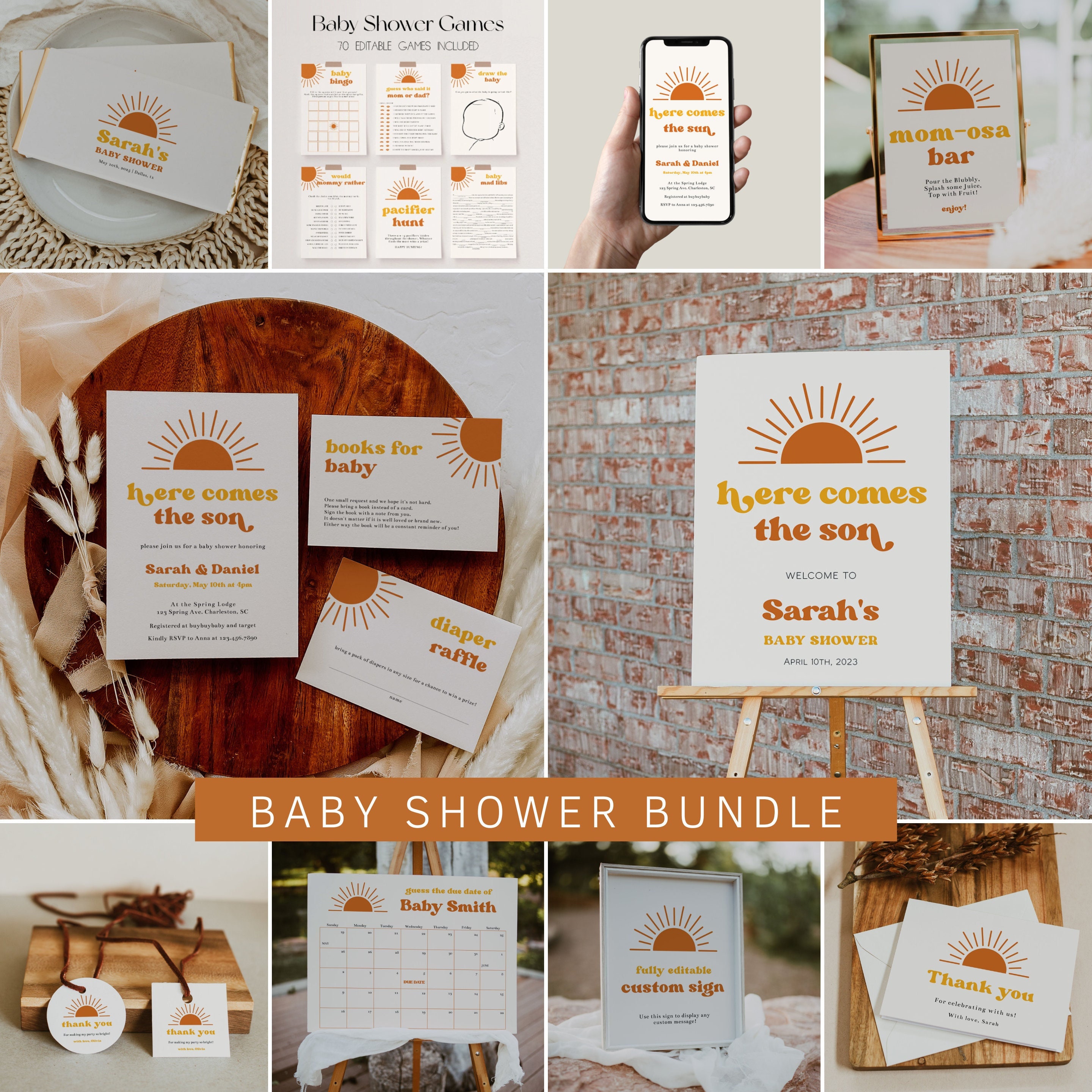 Sun Baby Shower Bundle Template Here Comes the Son Baby Shower Invitation Bundle Sunhine Baby Shower Decorations Boho Sun