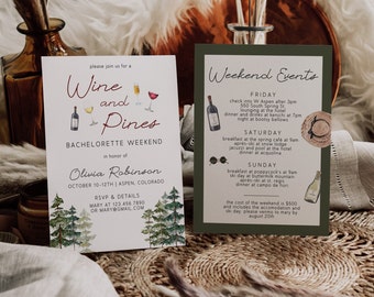 Wine and Pines Bachelorette Invitation Template, Mountain Bachelorette Invite, Ski Weekend Itinerary, Snowboarding Bachelorette Party | LUCY