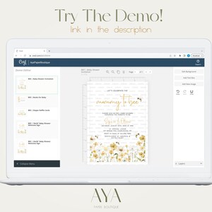 May include: A laptop screen displaying a web page with a demo editor for a baby shower invitation. The invitation features a watercolor design with bees and flowers and the text "Let's Celebrate the Mommy to Bee".