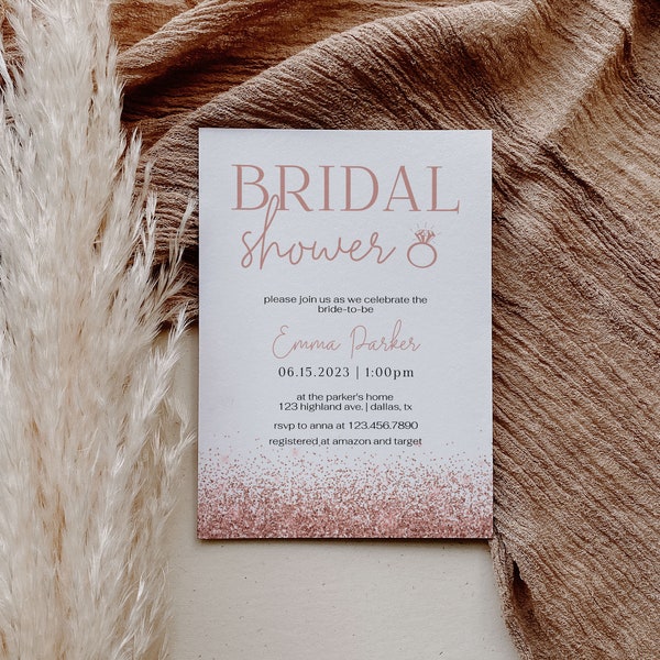 Bridal Shower Invitation Template, Rose Gold Bridal Shower Invite, Glitter Bride To Be Invite, Modern Minimalist Bridal Shower Evite | EMMA