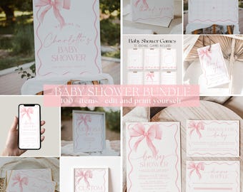 Pink Bow Baby Shower Bundle Template, Pink Coquette Baby Shower Invitation Bundle, Pastel Pink Baby Shower Decorations, Bow Baby Shower |BOW