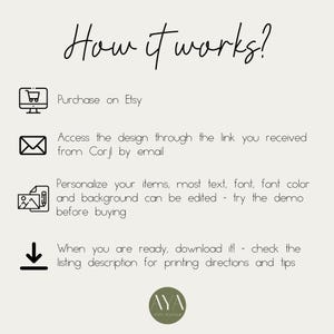 May include: An instructional graphic titled How it works? with four steps: Purchase on Etsy, access the design via a Corjl email link, personalize text, font, and background, and download the final file. A circular AYA logo is at the bottom.