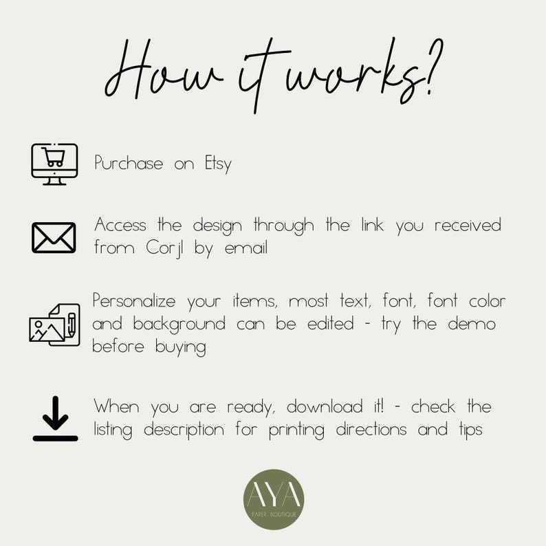 May include: An instructional graphic titled How it works? with four steps: Purchase on Etsy, access the design via a Corjl email link, personalize text, font, and background, and download the final file. A circular AYA logo is at the bottom.