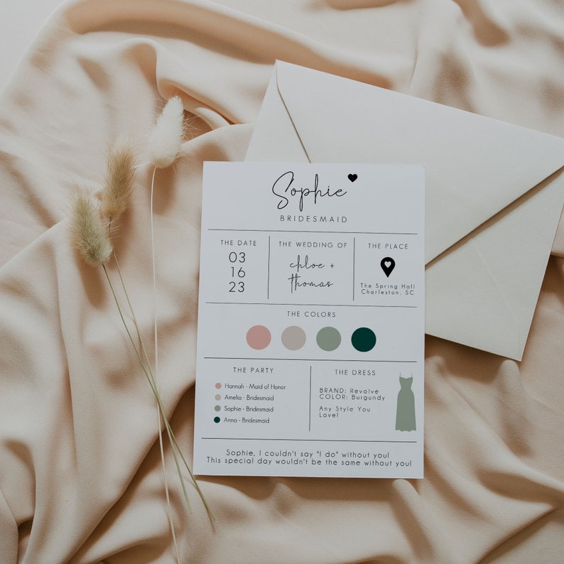May include: A bridesmaid card with the text "Sophie Bridesmaid" and details for a wedding on March 16, 2023. The card includes the wedding colors, the names of the bridesmaids, and the dress code.