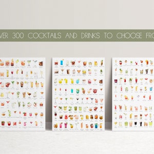 May include: Three printable posters featuring watercolor illustrations of over 300 cocktails and drinks. Each poster is divided into categories, such as "Whiskey & Bourbon", "Gin", and "Rum".