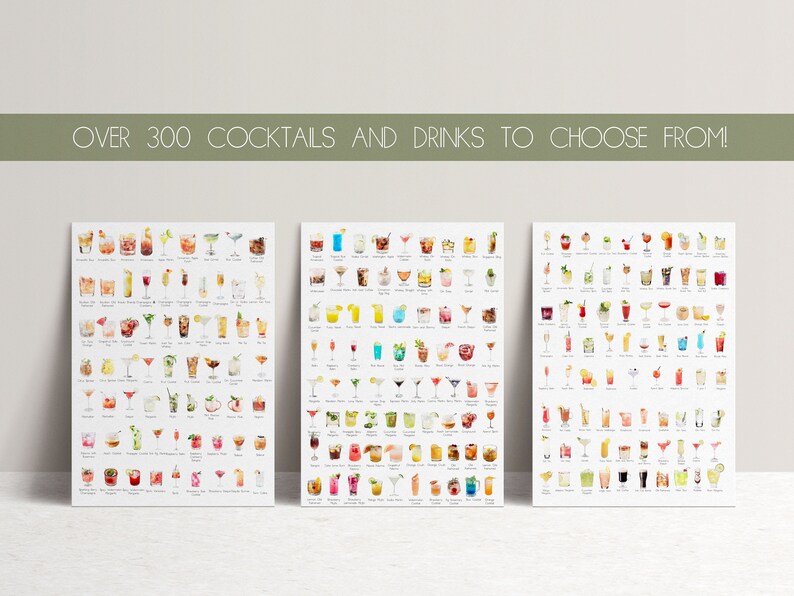 May include: Three printable posters featuring watercolor illustrations of over 300 cocktails and drinks. Each poster is divided into categories, such as "Whiskey & Bourbon", "Gin", and "Rum".