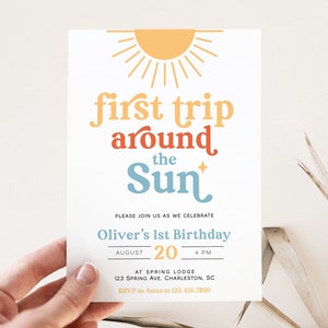 First Trip Around the Sun Birthday Invitation Template, Sun 1st Birthday Invite, Sunshine Birthday Invitation, Boho Sun Birthday SON image 2