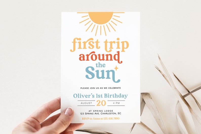 First Trip Around the Sun Birthday Invitation Template, Sun 1st Birthday Invite, Sunshine Birthday Invitation, Boho Sun Birthday SON image 2