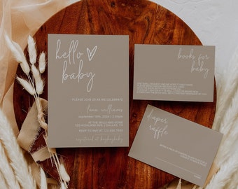 Boho Baby Shower Invitation Template Set, Minimalist Neutral Invite (Digital Download)