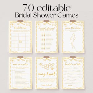 Può includere: Una collezione di sei giochi stampabili per l'addio al nubilato con sfondo crema e dettagli dorati. Il testo "70 editable Bridal Shower Games" è in alto. I giochi includono "Bridal Bingo", "He Said, She Said" e "Guess the Dress".