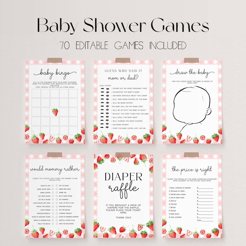 Peut inclure: Un ensemble de cartes de jeu de baby shower imprimables sur le th&egrave;me de la fraise. Les jeux comprennent "Baby Bingo", "Devinez qui l'a dit : Maman ou Papa ?", "Dessinez le b&eacute;b&eacute;", "Que pr&eacute;f&eacute;rerait maman ?", "Tombola de couches", et "Le prix est juste".